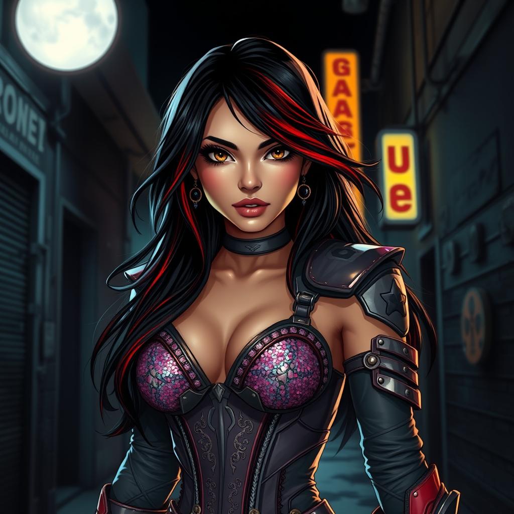 A charismatic Latina woman with mesmerizing brown eyes and long flowing dark hair featuring striking red highlights, her slight tan complexion beautifully highlighted by the moonlight