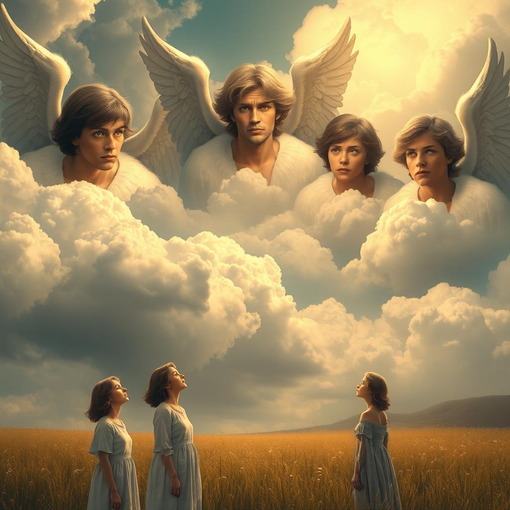 A group of solemn angels with glowing eyes peer down upon humanity from fluffy clouds, their expressions serious and contemplative