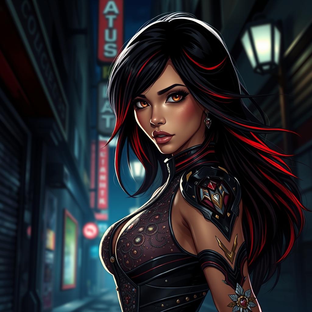 A charismatic Latina woman with mesmerizing brown eyes and long flowing dark hair accented with vibrant red highlights, her slight tan complexion glowing softly in the nighttime ambiance