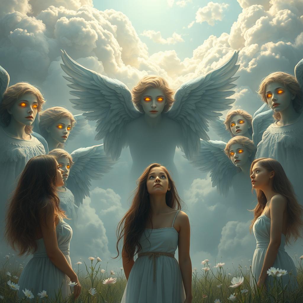 A group of solemn angels with glowing eyes peer down upon humanity from fluffy, ethereal clouds, depicting an otherworldly scene filled with divine power