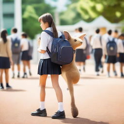 A schoolgirl in uniform with a kangaroo-shaped backpack, her position turned backward, glancing over her shoulder. The background is a dynamic school environment.