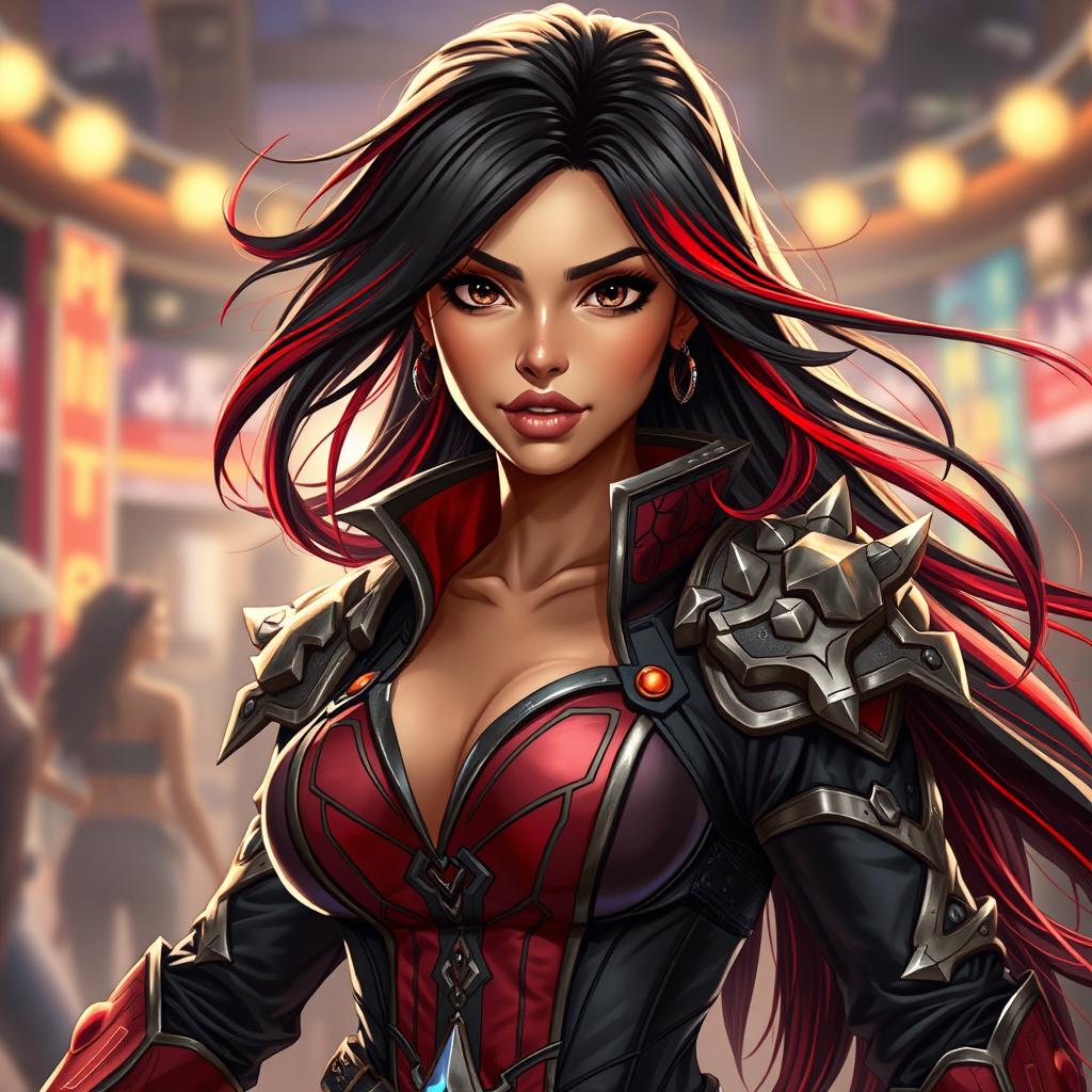 A charismatic Latina woman with mesmerizing brown eyes and long flowing dark hair highlighted with vibrant red streaks, her slight tan complexion radiating warmth