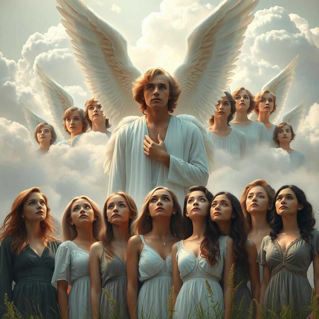 A group of solemn angels with luminous glowing eyes watches humanity from fluffy, billowing clouds, creating a scene that radiates a mystical aura