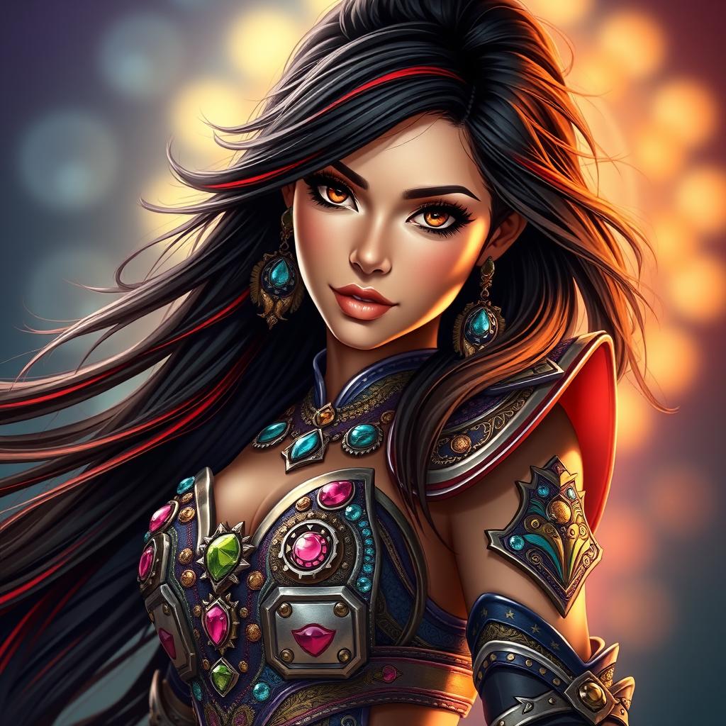 A charismatic Latina woman possessing mesmerizing brown eyes and long flowing dark hair, accented with striking red highlights