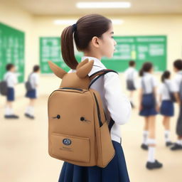 A schoolgirl in uniform with a kangaroo-shaped backpack, her position turned backward, glancing over her shoulder. The background is a dynamic school environment.