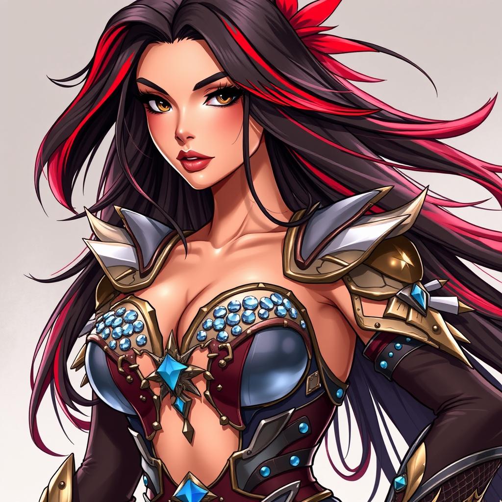 A charismatic Latina woman with mesmerizing brown eyes and long flowing dark hair enhanced with vibrant red highlights, her slight tan complexion radiating confidence