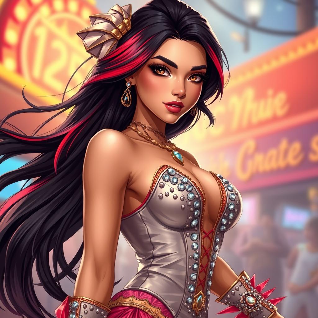 A charismatic Latina woman with captivating brown eyes and long flowing dark hair featuring stunning red highlights, her slight tan complexion accentuating her vibrant energy