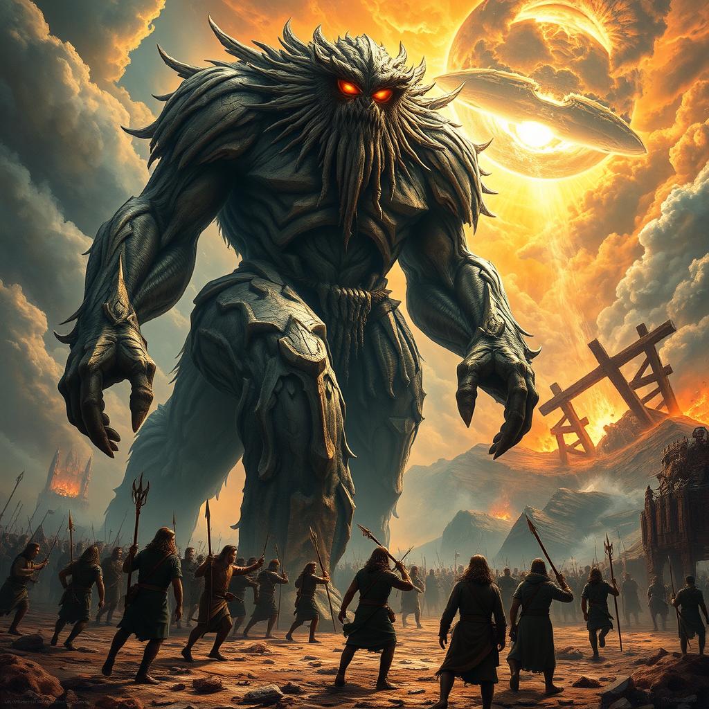 Towering, godlike Nephilim with luminous eyes and immense physical strength stride among men, their massive forms exuding both awe and terror