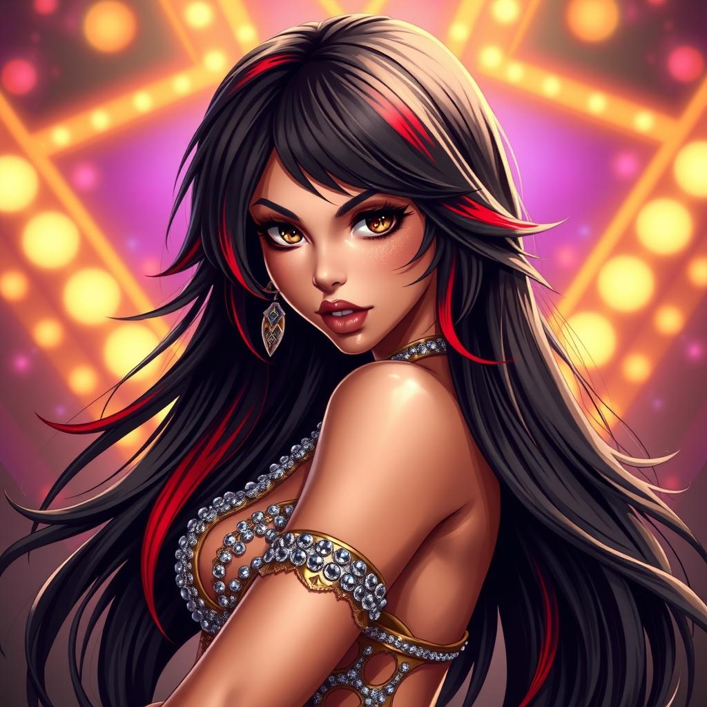 A charismatic Latina woman with mesmerizing brown eyes and long flowing dark hair, highlighted with vibrant red streaks