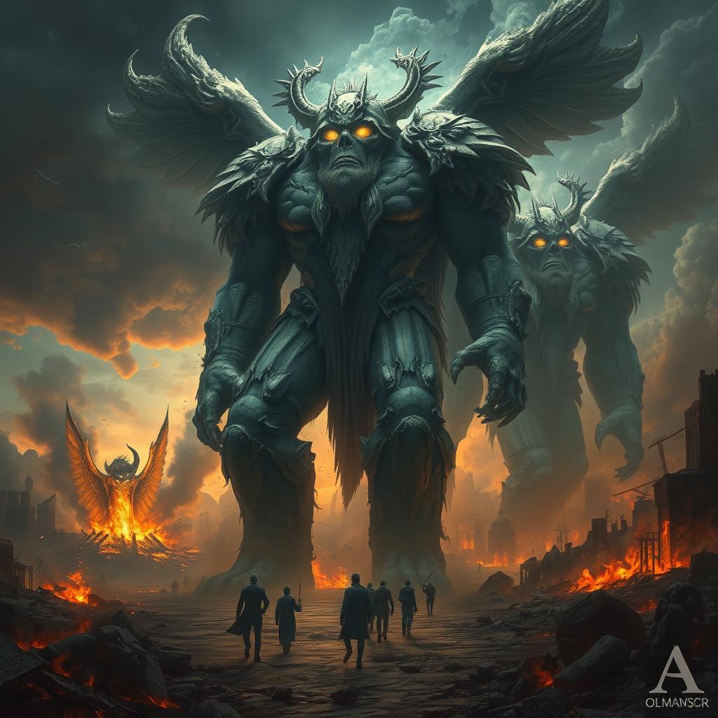 Towering, godlike Nephilim with luminous eyes and immense strength walk among men, exuding an aura of both awe and terror