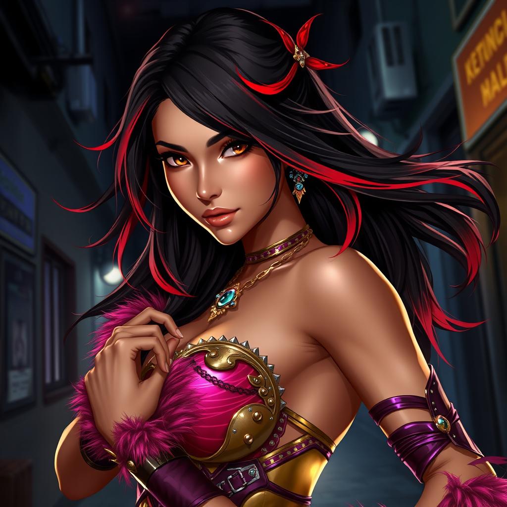 A charismatic Latina woman with mesmerizing brown eyes and long flowing dark hair accented with striking red highlights, her slight tan complexion glowing softly in the dim light