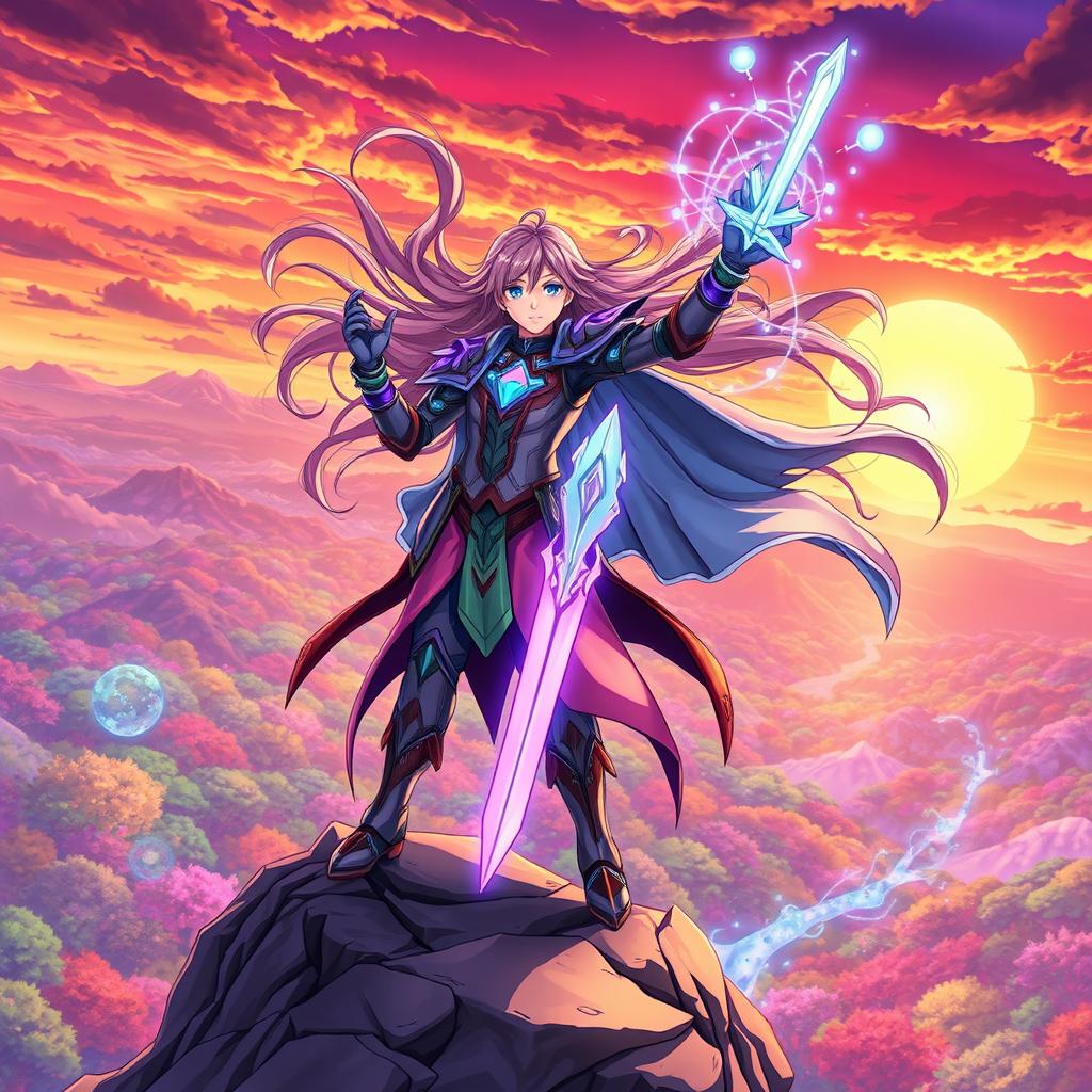 A dynamic anime-style illustration featuring a heroic character, adorned with mystical armor that glows with magical energy