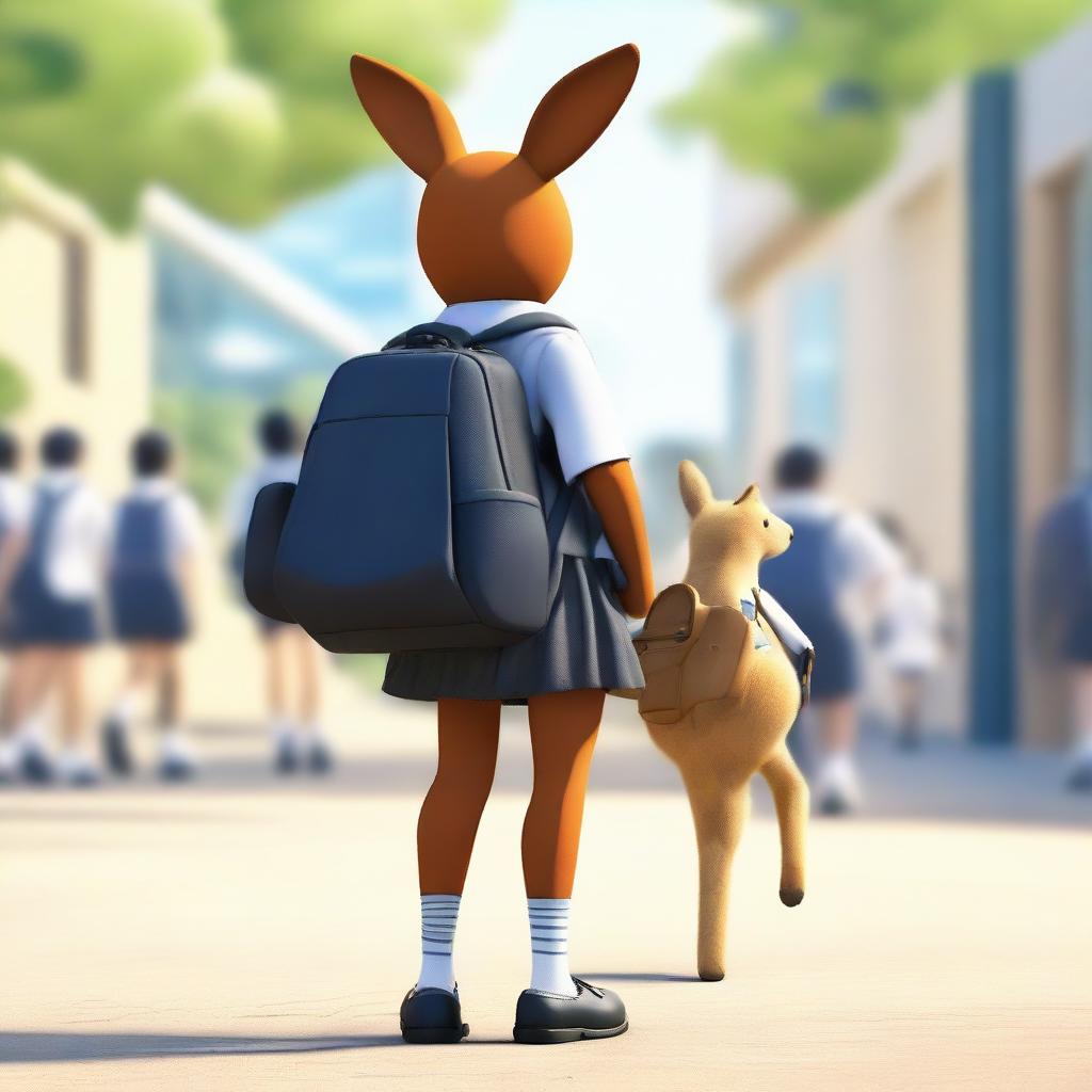 A schoolgirl in uniform with a kangaroo-shaped backpack, her position turned backward, glancing over her shoulder. The background is a dynamic school environment.