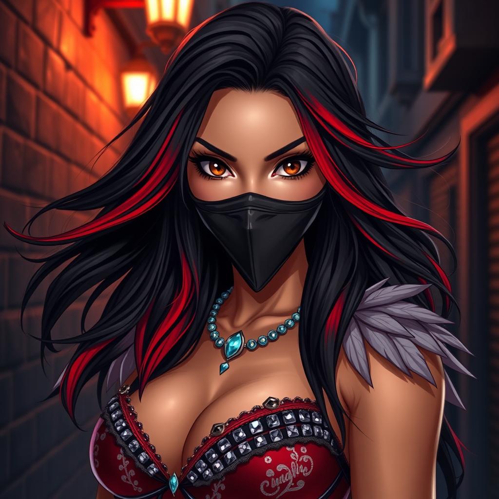 A charismatic Latina woman with mesmerizing brown eyes and long flowing dark hair, accented by striking red highlights