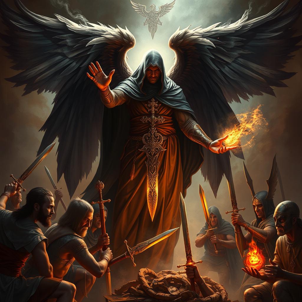 A mysterious, dark-winged angel cloaked in swirling shadows stands prominently, extending his hand to reveal a shimmering, intricate blade that glimmers with a sinister allure