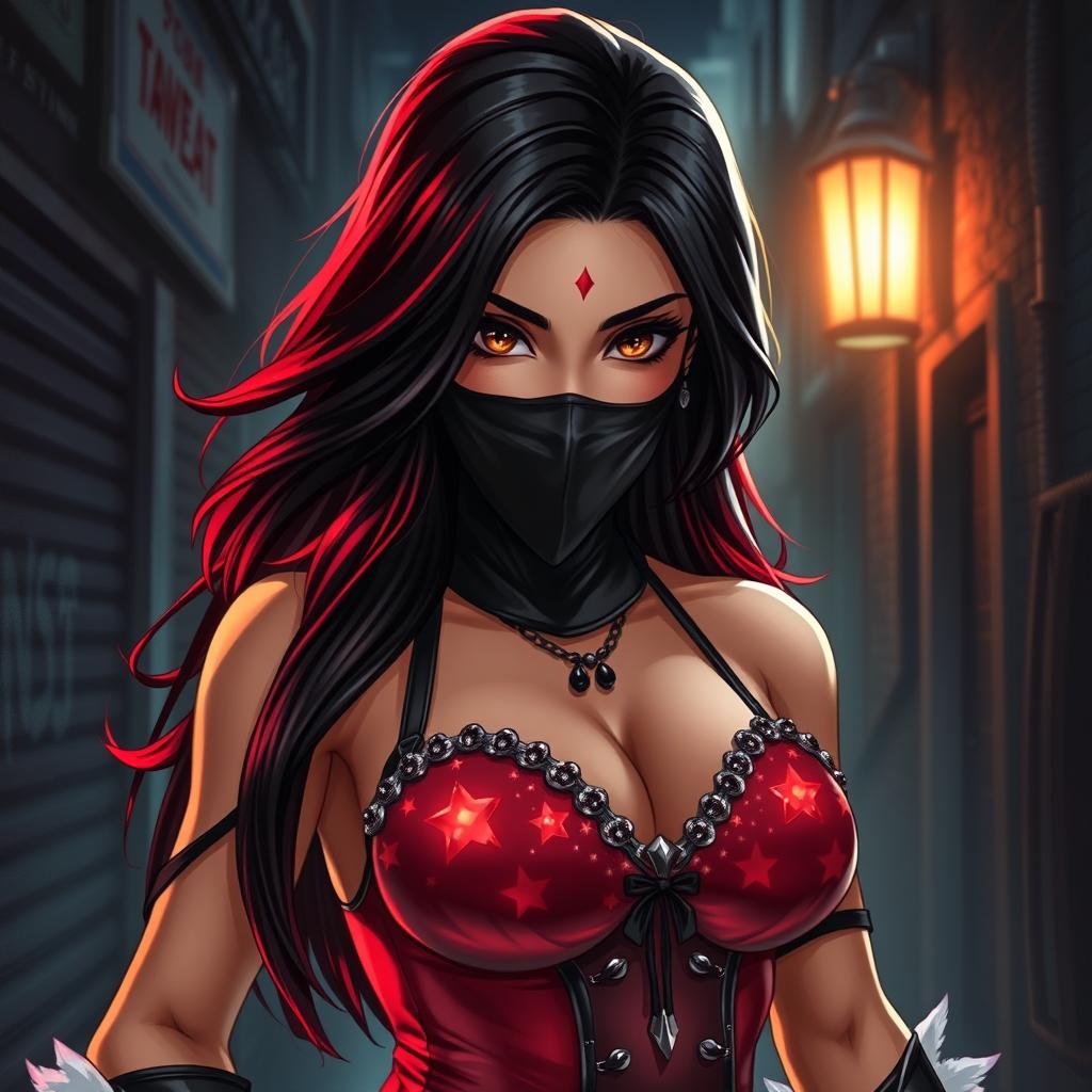 A charismatic Latina woman with mesmerizing brown eyes and long flowing dark hair featuring striking red highlights, complemented by her slight tan complexion that glows under the dim alley lights