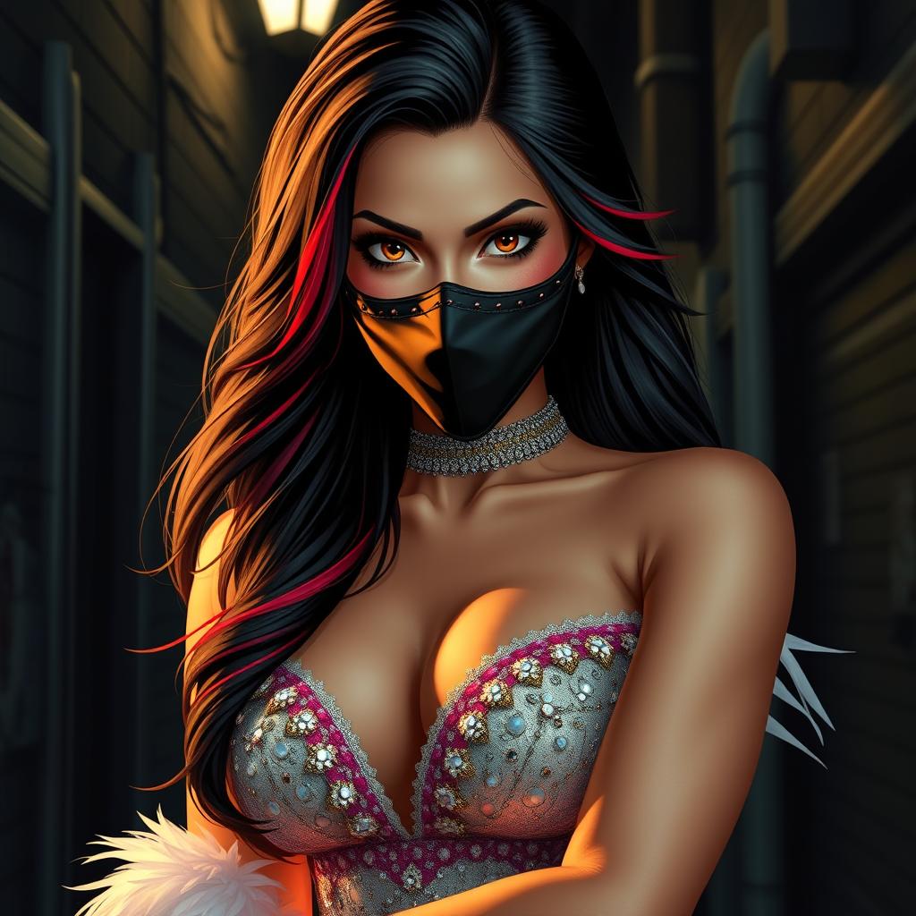 A charismatic Latina woman with captivating brown eyes and long flowing dark hair featuring bold red highlights, her slight tan complexion glowing in the low light