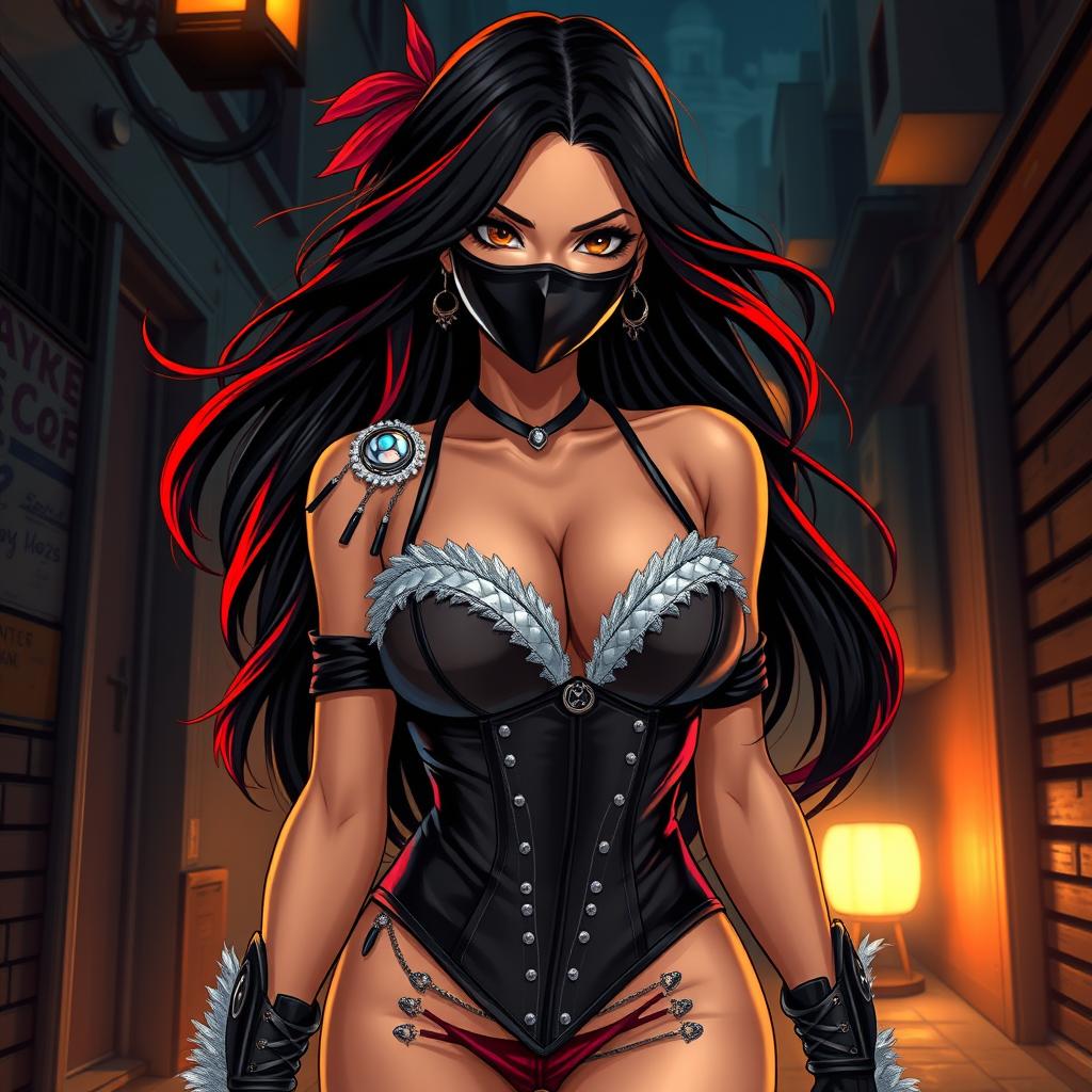 A charismatic Latina woman with captivating brown eyes and long, flowing dark hair accented with vibrant red highlights, her slight tan complexion glowing softly in the ambient light