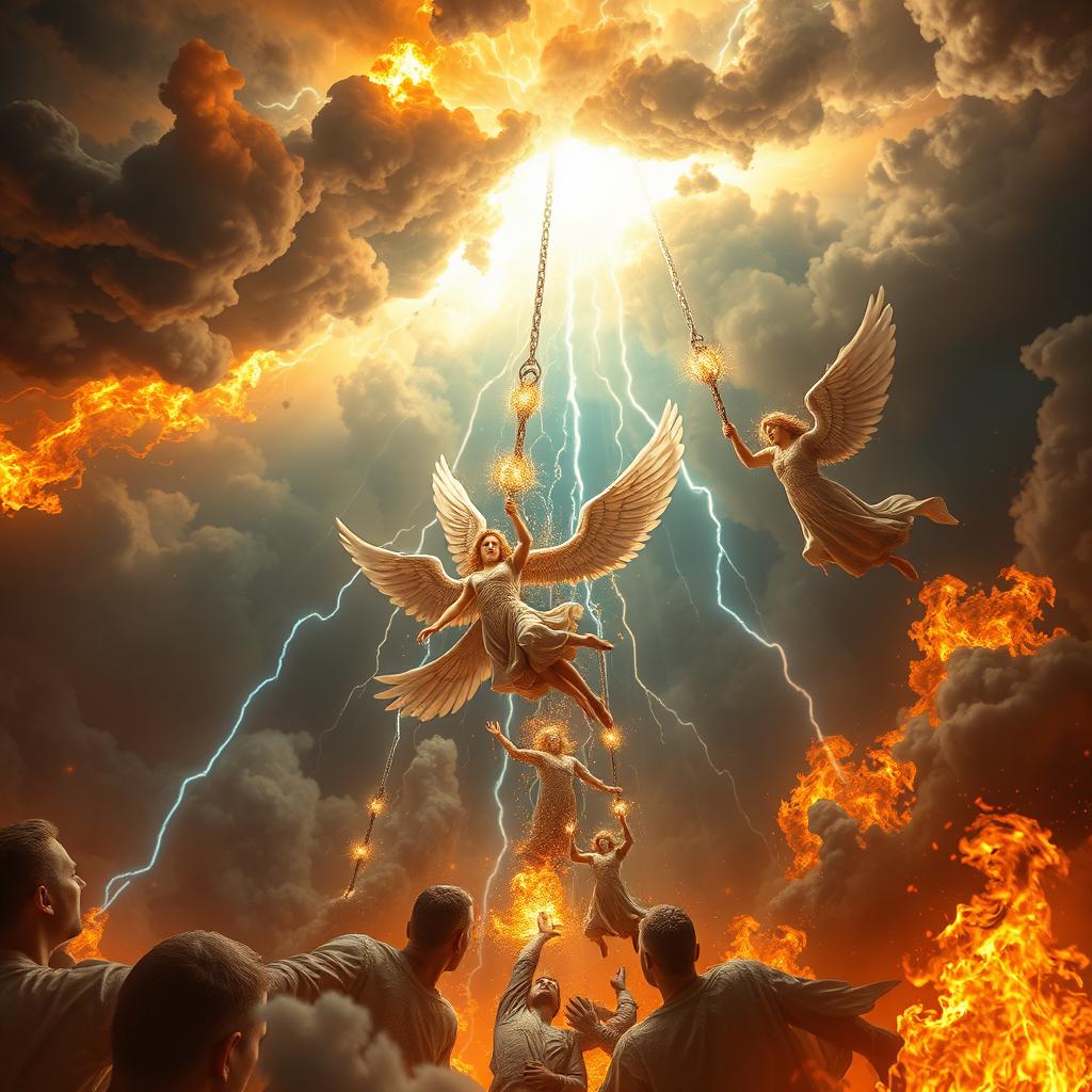 A fiery storm rages down from the heavens, symbolizing divine punishment as it descends upon the earth—a scene of intense drama and celestial power