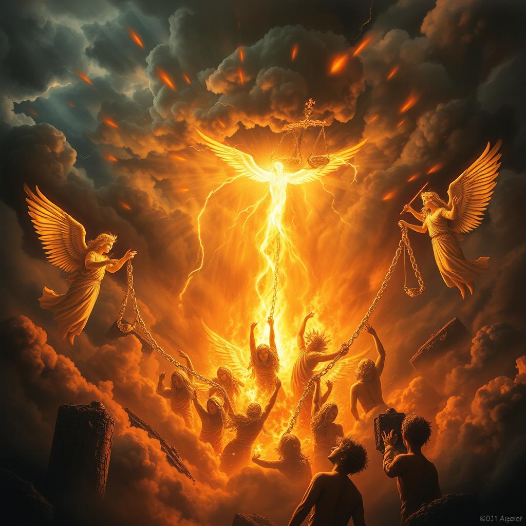 A dramatic scene depicting a fiery storm descending from the heavens, symbolizing divine reckoning and punishment