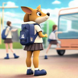 A schoolgirl in uniform with a kangaroo-shaped backpack, her position turned backward, glancing over her shoulder. The background is a dynamic school environment.