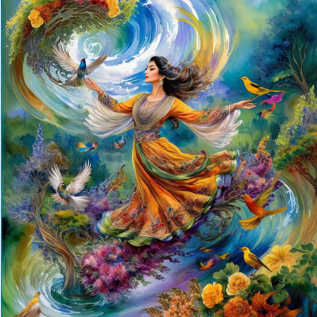 Mystical and spiritual watercolor painting of a beautiful Iranian woman in traditional dress suspended in the air in a swirl of multi-colored flowers, a maze of asymmetrical bonsai trees, a whirlwind of beautiful birds, and a forest of grapevines in a spectrum of green, yellow, and blue