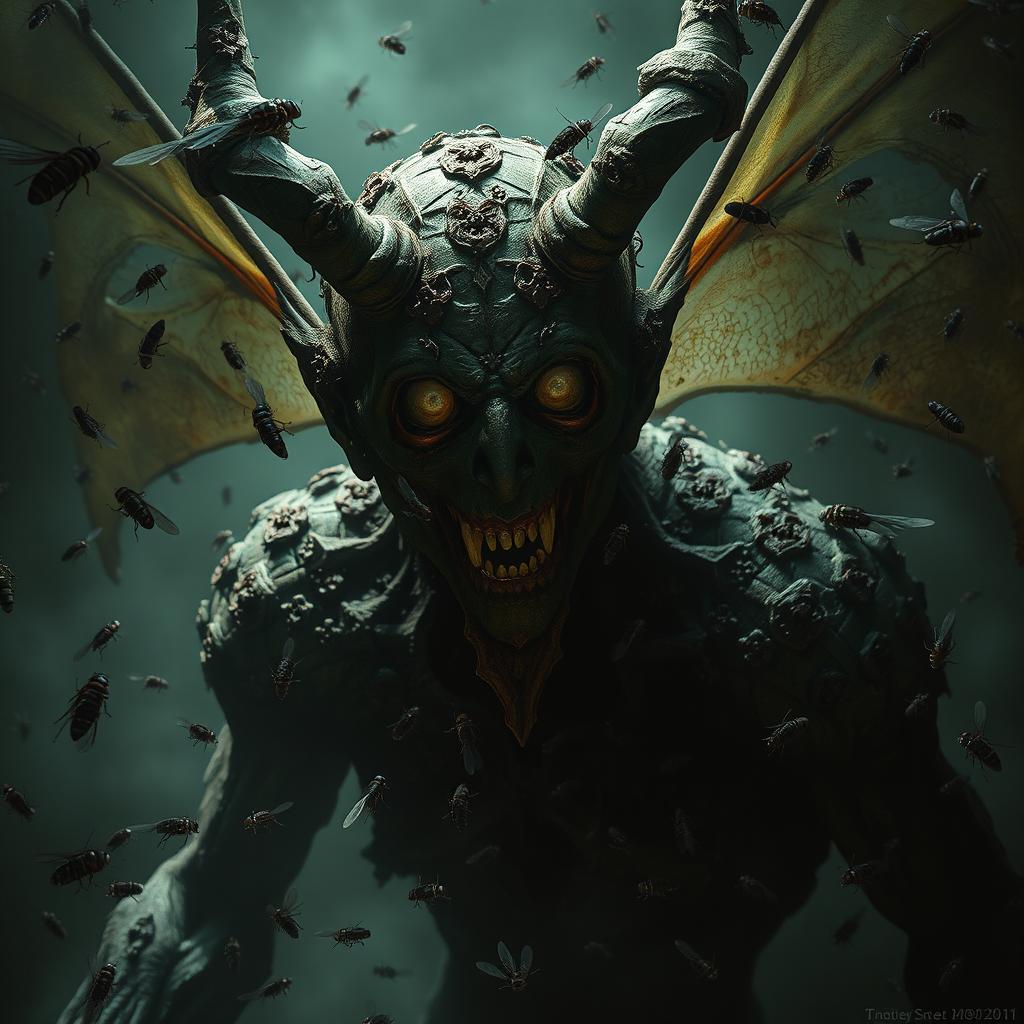 A grotesque, insect-covered figure lurks ominously in the shadows, his hollow eyes radiating a malevolent intent
