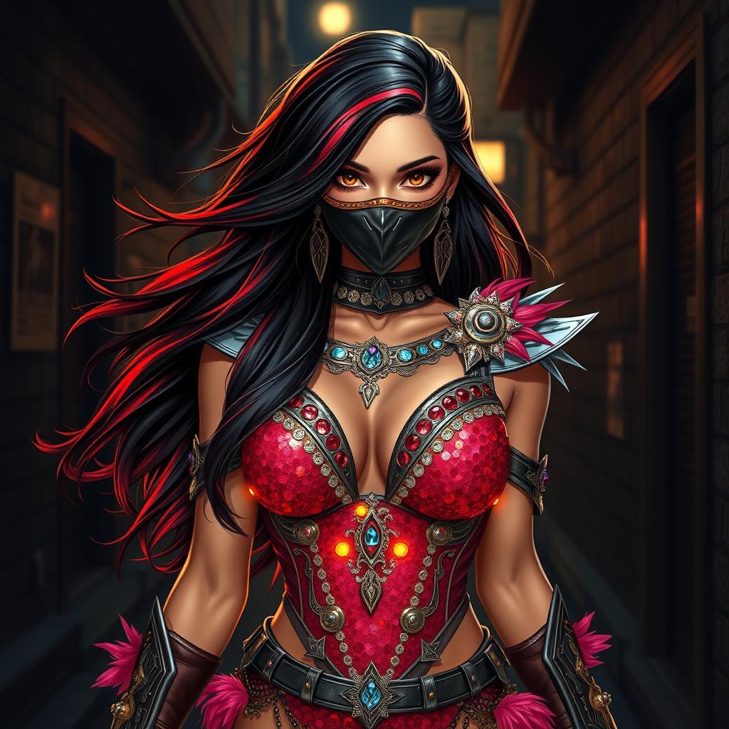 A charismatic Latina woman with mesmerizing brown eyes and long flowing dark hair adorned with striking red highlights, her slight tan complexion glowing in the dim light