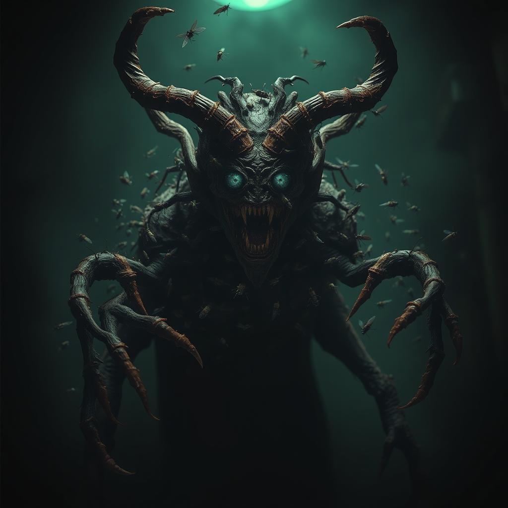 A grotesque, insect-covered figure reminiscent of Beelzebub lurks sinisterly in the shadows, his hollow eyes seething with malevolence