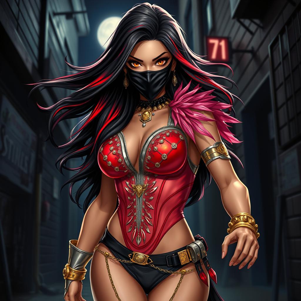 A charismatic Latina woman with mesmerizing brown eyes and long flowing dark hair with striking red highlights, her slight tan complexion accentuated under the moonlight