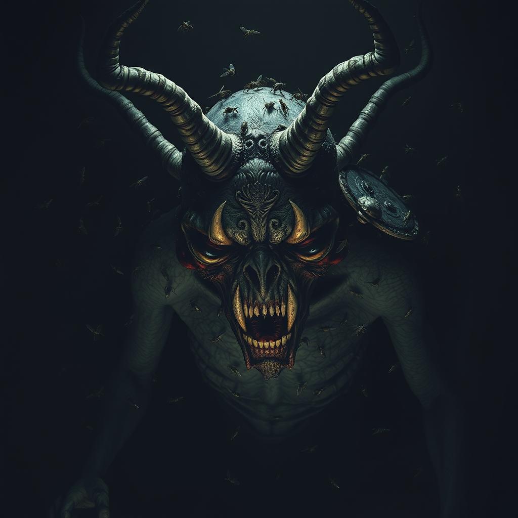 A grotesque, insect-covered figure representing Beelzebub, the Lord of the Flies, lurking in dim shadows