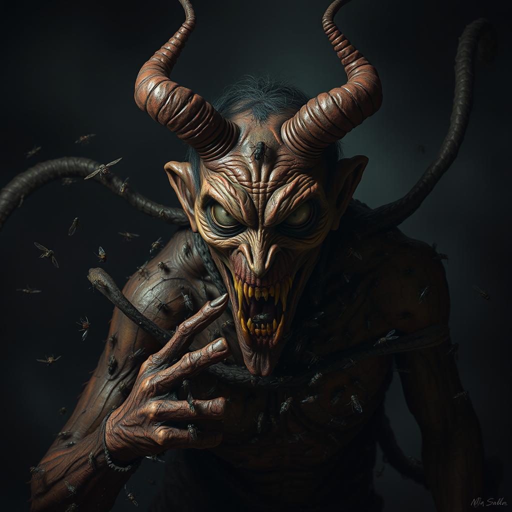 A grotesque, insect-covered figure representing Beelzebub, the Lord of the Flies, lurking ominously in the shadows