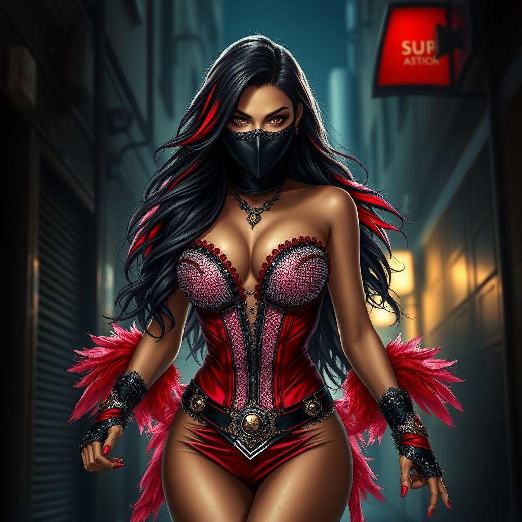 A charismatic Latina woman with mesmerizing brown eyes and long, flowing dark hair enhanced with striking red highlights, her slight tan complexion illuminating in the dim lighting