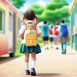 A young girl wearing a school uniform is carrying a kangaroo-shaped backpack with a transparent section, revealing a box of ice cream inside. She is seen from behind, looking over her shoulder and smiling against a school background.