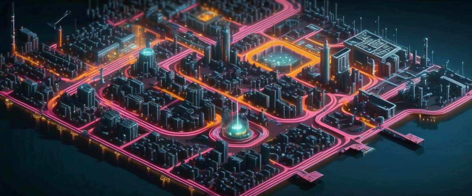 isometric pixel art futuristic city map with large government building at the center, a scrapyard and large industrial factories dotted around and a spaceport