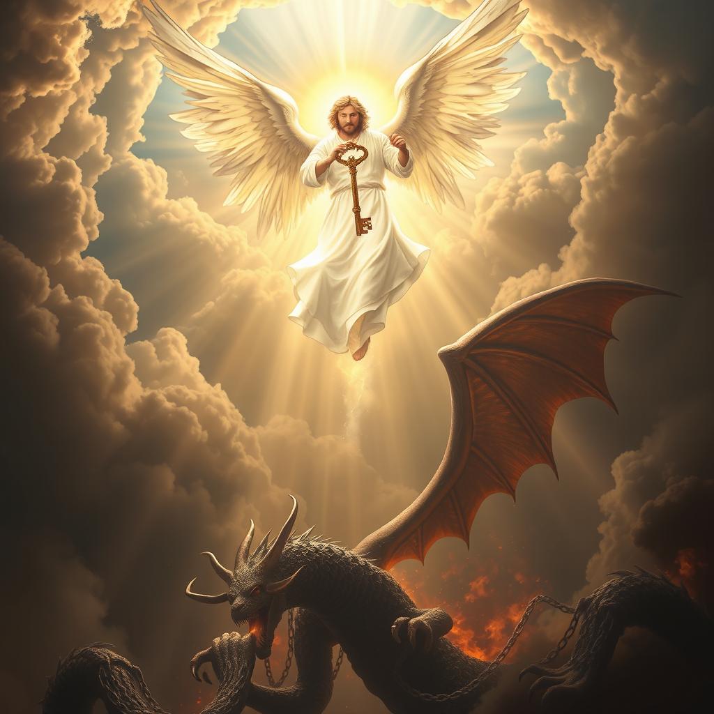 A divine angel, cloaked in radiant light, descends majestically from the heavens, holding a mighty key symbolizing hope and redemption
