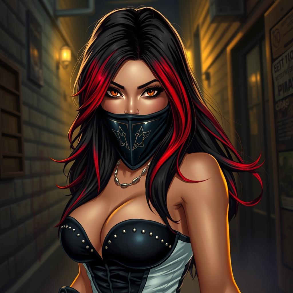 A charismatic Latina woman with mesmerizing brown eyes, long flowing dark hair featuring vibrant red highlights, and a slight tan complexion