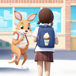 A young girl wearing a school uniform is carrying a kangaroo-shaped backpack with a transparent section, revealing a box of ice cream inside. She is seen from behind, looking over her shoulder and smiling against a school background.