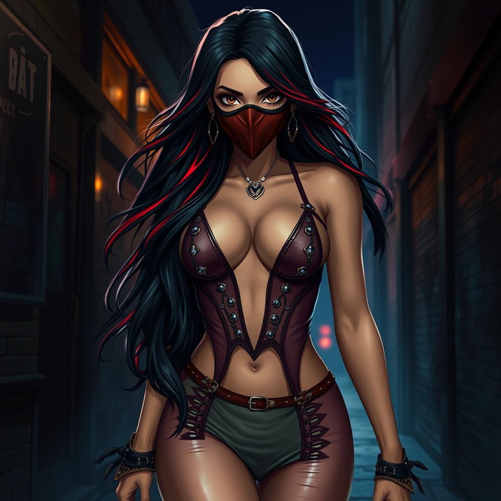 A charismatic Latina woman with mesmerizing brown eyes, long flowing dark hair accentuated by striking red highlights, and a slight tan complexion