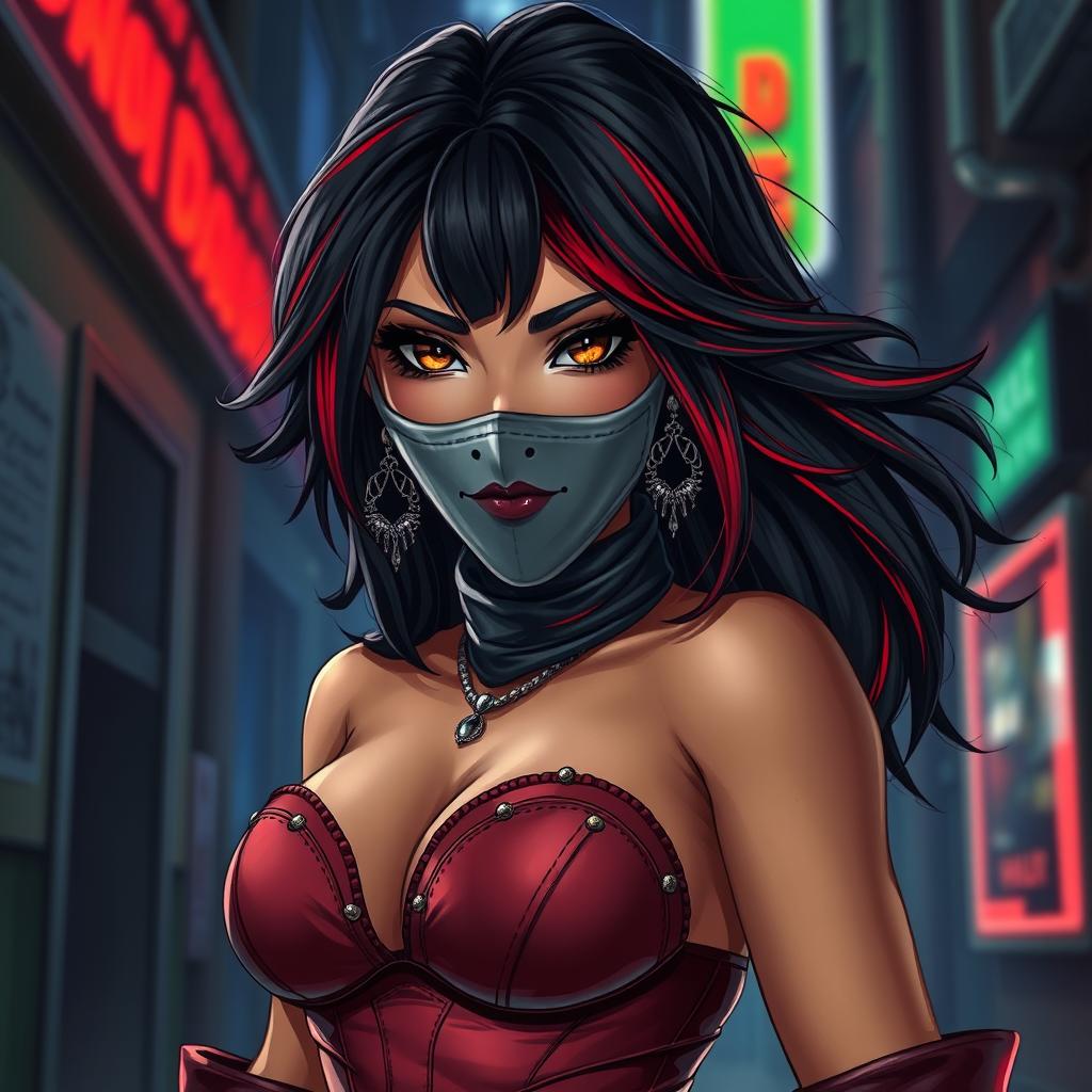 A charismatic Latina woman with captivating brown eyes, long, flowing dark hair adorned with striking red highlights, and a slight tan complexion