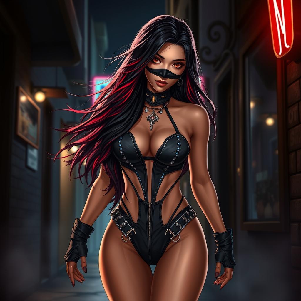A charismatic Latina woman with mesmerizing brown eyes, long flowing dark hair infused with vibrant red highlights, and a slight tan complexion