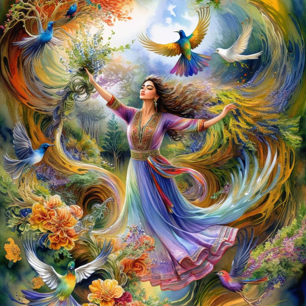 Mystical and spiritual watercolor painting of a beautiful Iranian woman in traditional dress suspended in the air in a swirl of multi-colored flowers, a maze of asymmetrical bonsai trees, a whirlwind of beautiful birds, and a forest of grapevines in a spectrum of green, yellow, and blue
