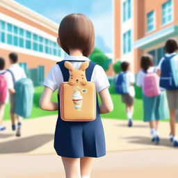 A young girl wearing a school uniform is carrying a kangaroo-shaped backpack with a transparent section, revealing a box of ice cream inside. She is seen from behind, looking over her shoulder and smiling against a school background.