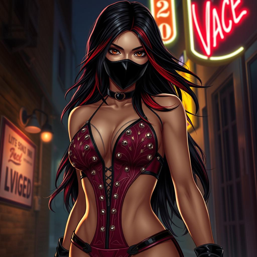 A charismatic Latina woman with mesmerizing brown eyes, long flowing dark hair accented with vibrant red highlights, and a slight tan complexion