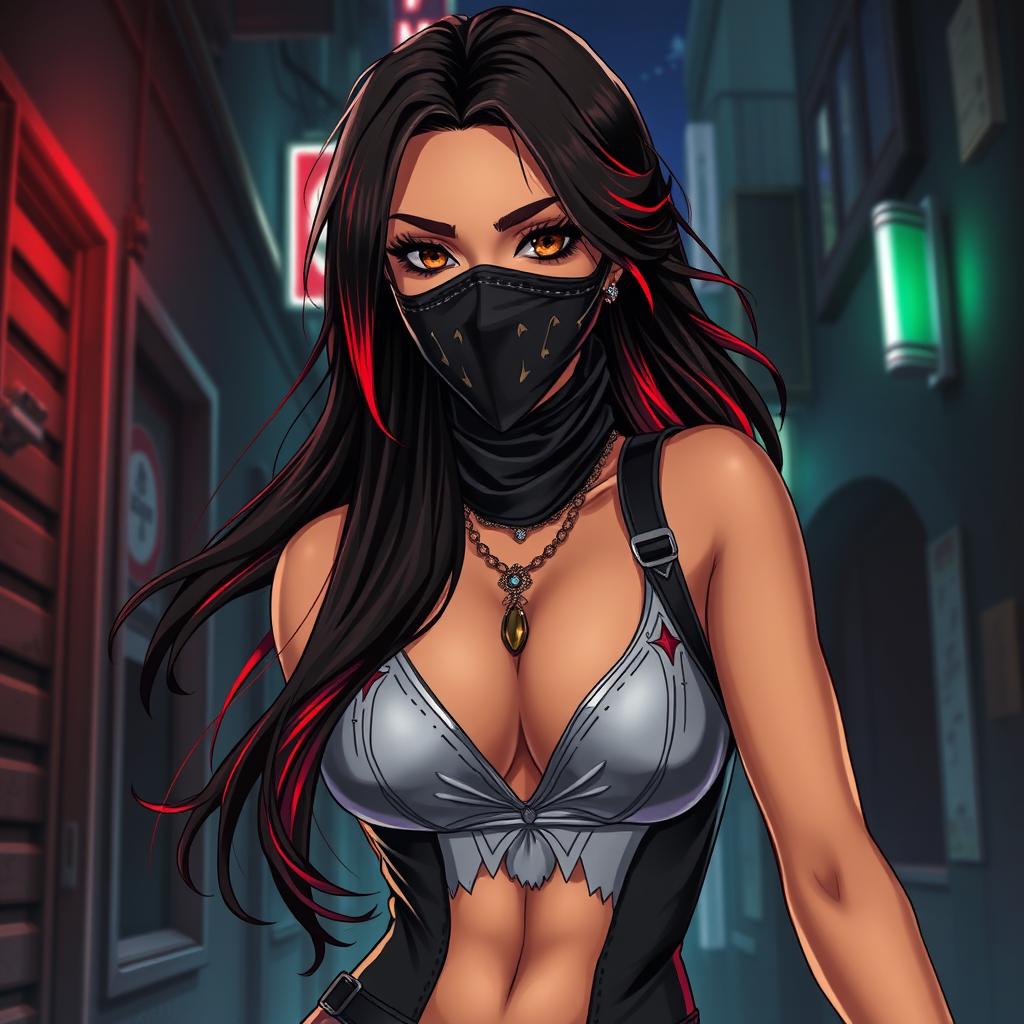 A charismatic Latina woman with mesmerizing brown eyes, long flowing dark hair featuring striking red highlights, and a slight tan complexion