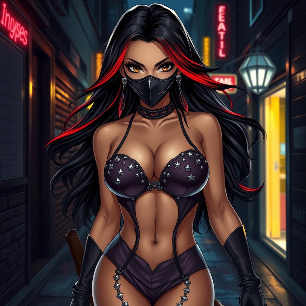 A charismatic Latina woman with mesmerizing brown eyes, long flowing dark hair with striking red highlights, and a slight tan complexion