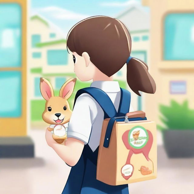 A young girl wearing a school uniform is carrying a kangaroo-shaped backpack with a transparent section, revealing a box of ice cream inside. She is seen from behind, looking over her shoulder and smiling against a school background.