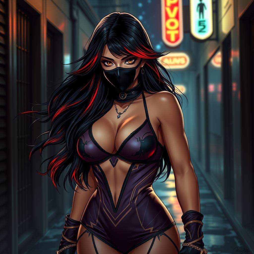A charismatic Latina woman with mesmerizing brown eyes, long flowing dark hair accentuated with brilliant red highlights, and a slight tan complexion