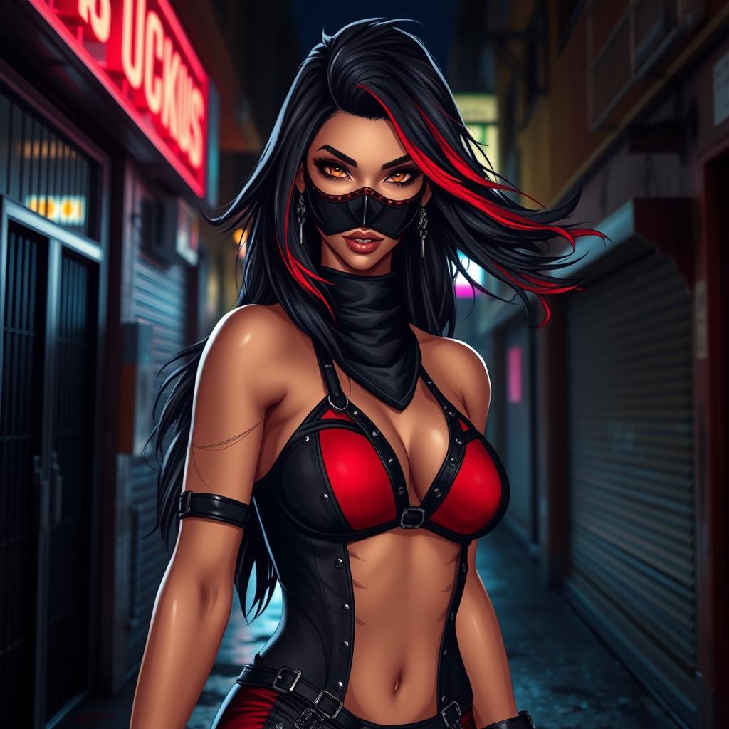 A charismatic Latina woman with mesmerizing brown eyes, long flowing dark hair with vibrant red highlights, and a slight tan complexion
