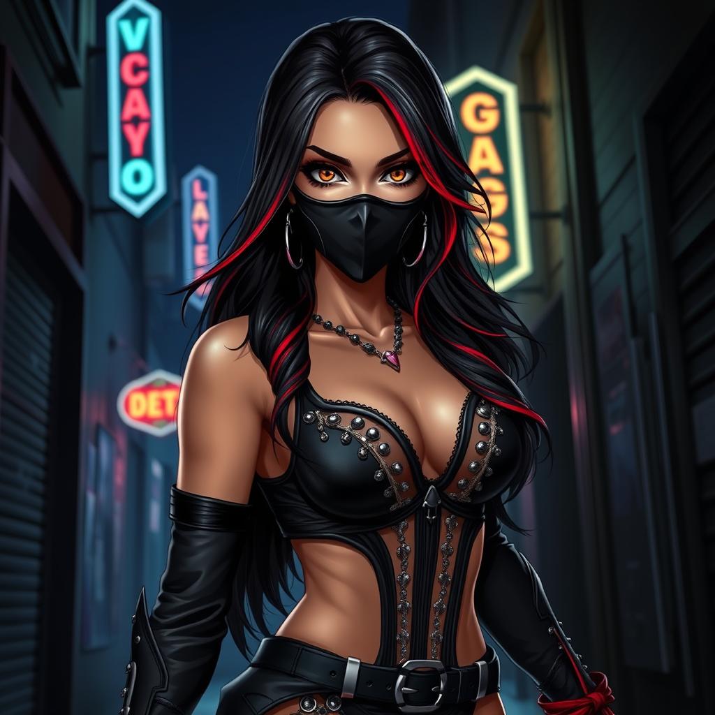 A charismatic Latina woman with mesmerizing brown eyes, long cascading dark hair embellished with vibrant red highlights, and a slight tan complexion